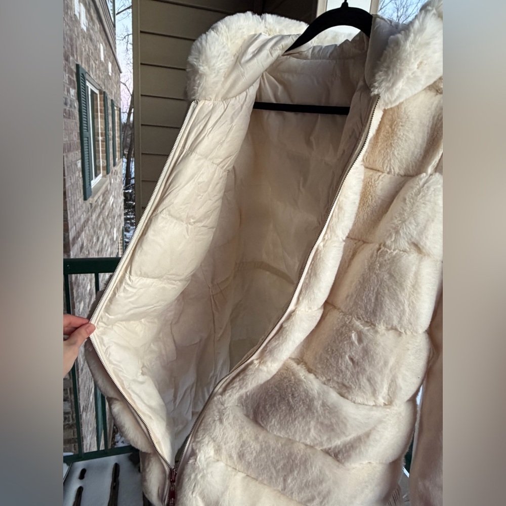 🆕❄️Sam Edelman Reversible Faux Fur Hooded Outwear Wool Coat Cream Jacket XL - Picture 12 of 17